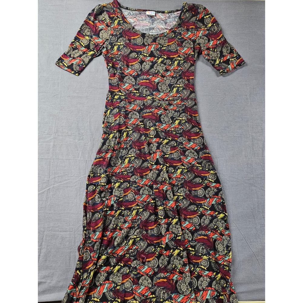 LuLaRoe Julia Dress Large Feather Mandala Print Elbow Sleeve Bodycon Midi Boho